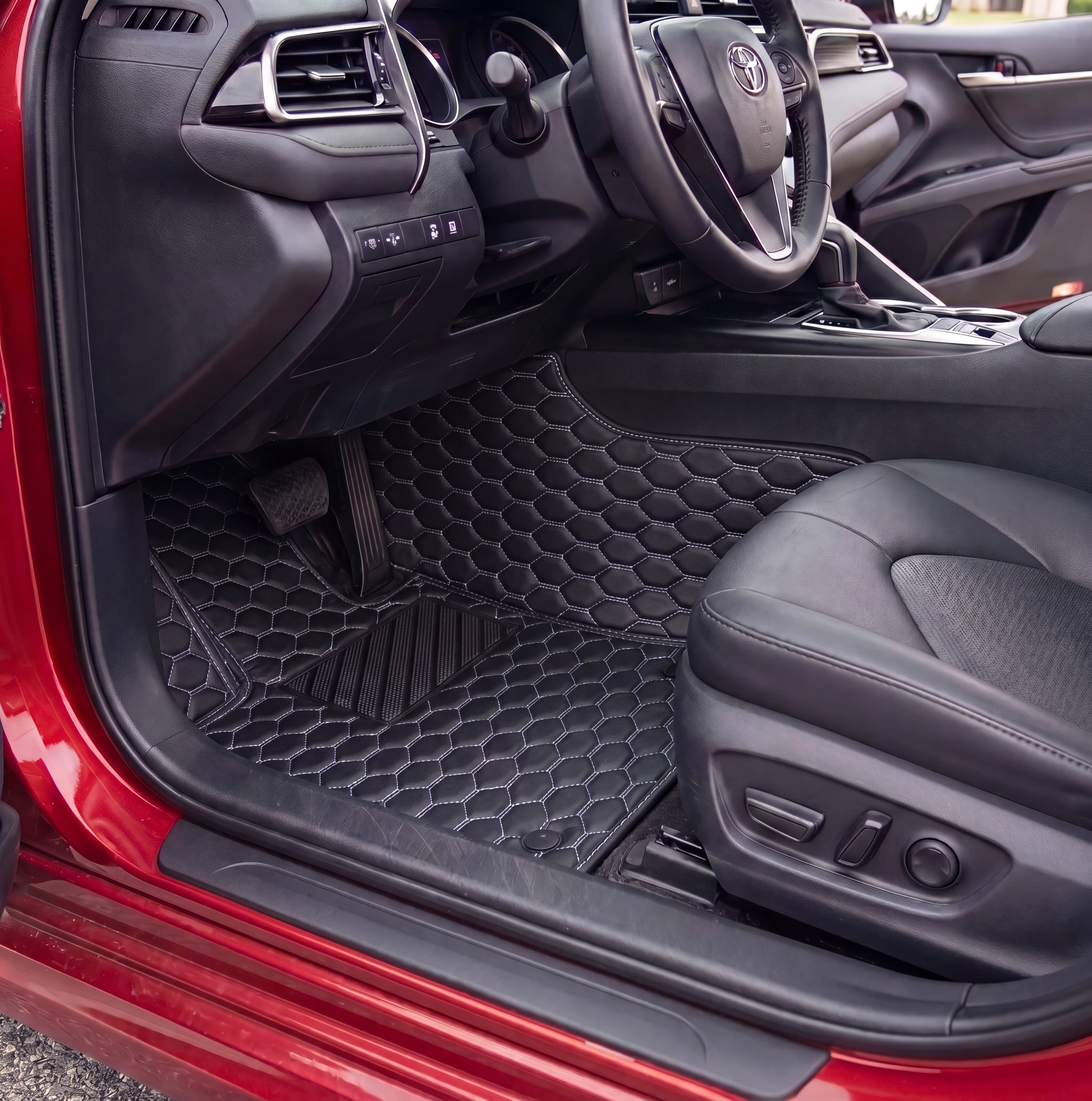 Hexa Series Custom Fit Car Mats - Black & White Stitching