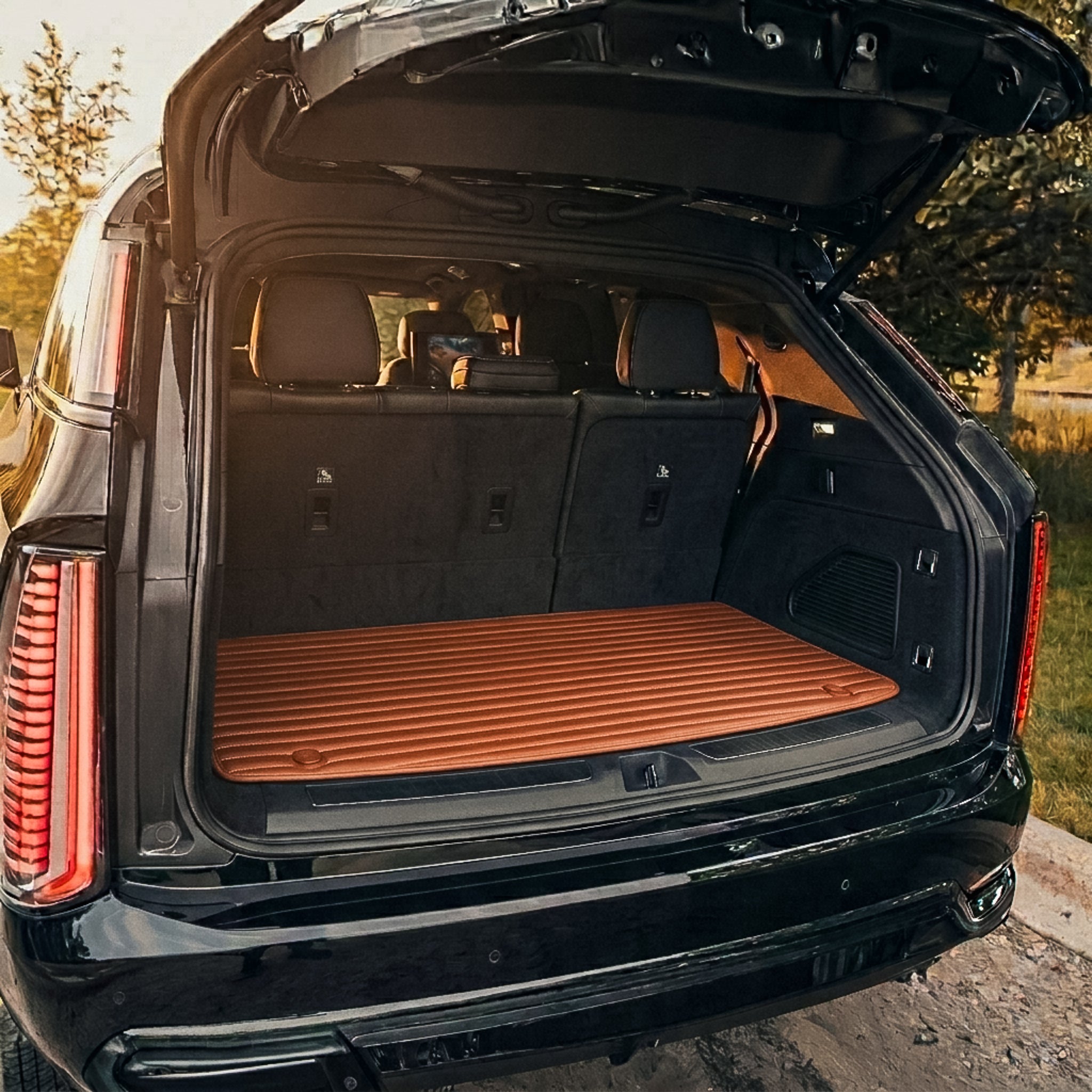Waterproof Ribbed cargo mat in caramel brown eco-leather, custom-cut by Matrikar