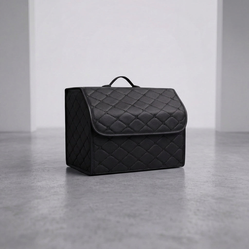 A single Matrikar trunk organizer in All Black, medium size, on a studio floor
