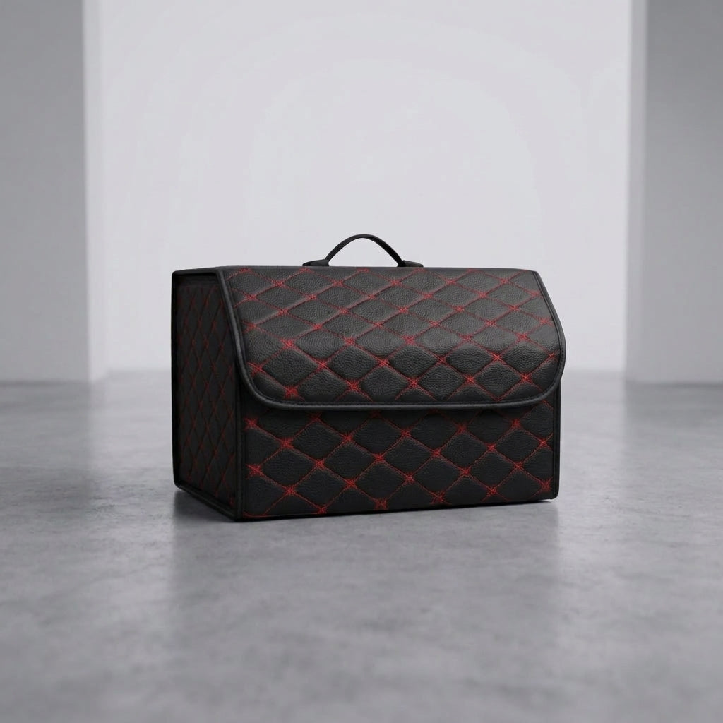 A single Matrikar trunk organizer in Black with Red Stitching, large size, on a studio floor