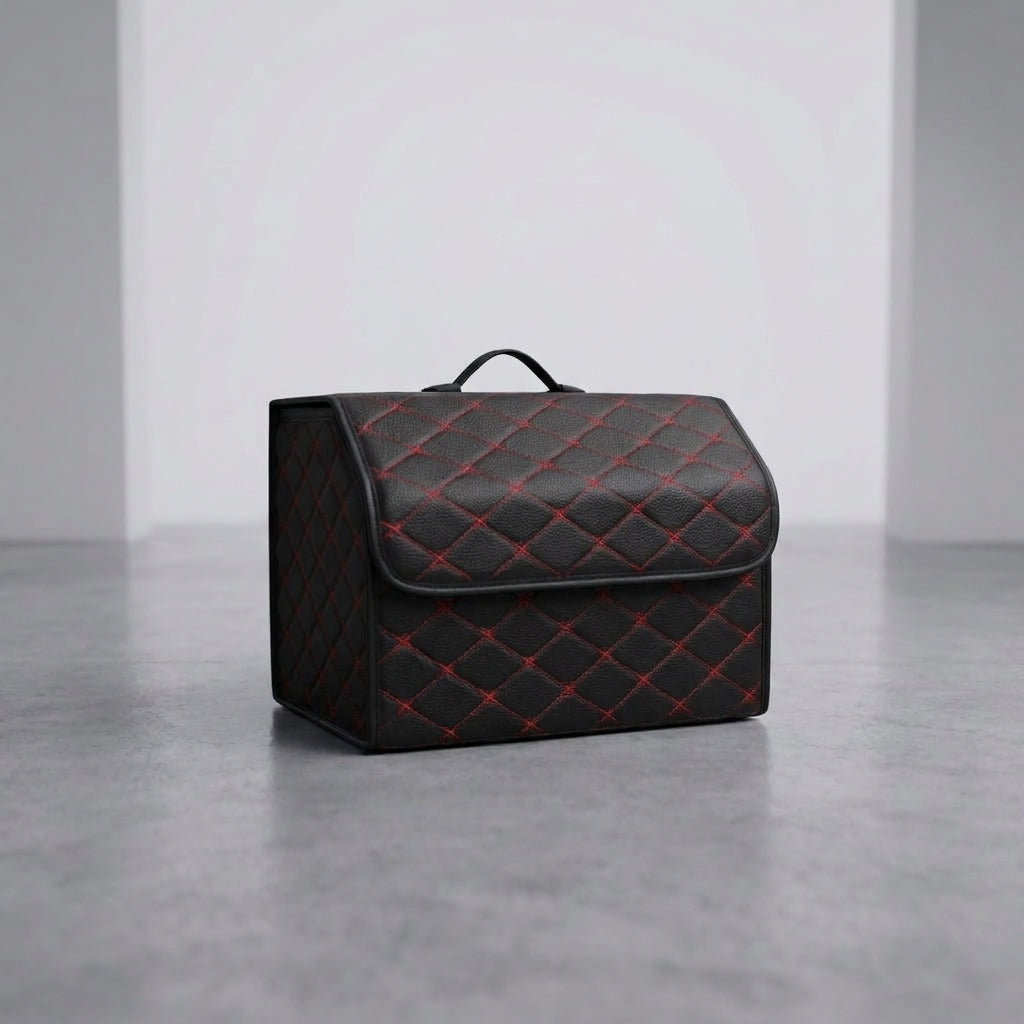 A single Matrikar trunk organizer in Black with Red Stitching, medium size, on a studio floor