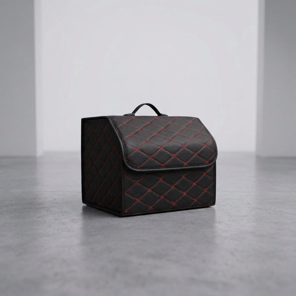 A single Matrikar trunk organizer in Black with Red Stitching, small size, on a studio floor