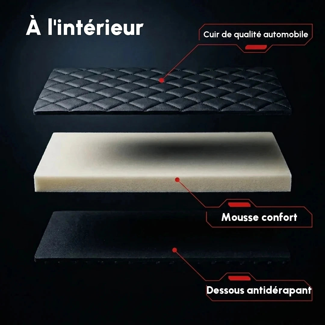 Vue en coupe d'un tapis d'auto Matrikar série Diamond : dessus en cuir de qualité automobile, cœur en mousse de confort et dessous antidérapant