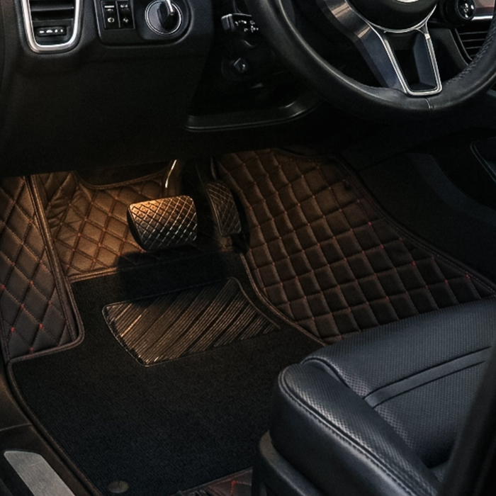 Audi A4 Dual-Layer Floor Mats 2005-2025 - Black & Red Stitching & Black Top Carpet