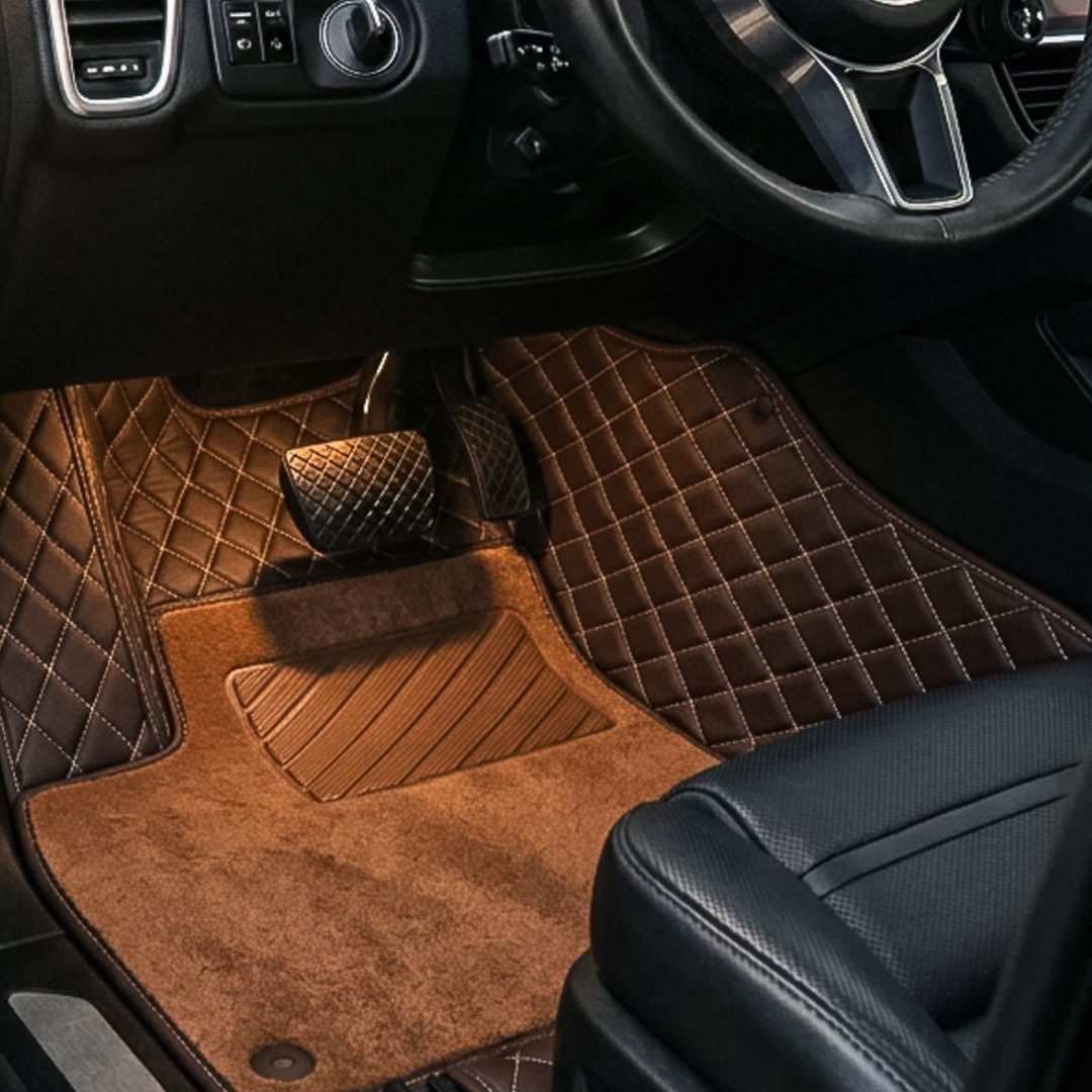 Matrikar Dual-Layer Series custom fit car mat in Chocolate Brown with a caramel brown top carpet, installed in a driver footwell