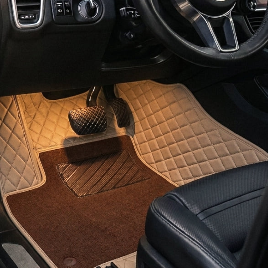 Matrikar Dual-Layer Series custom fit car mat in Cream Beige with a brown top carpet, installed in a driver footwell