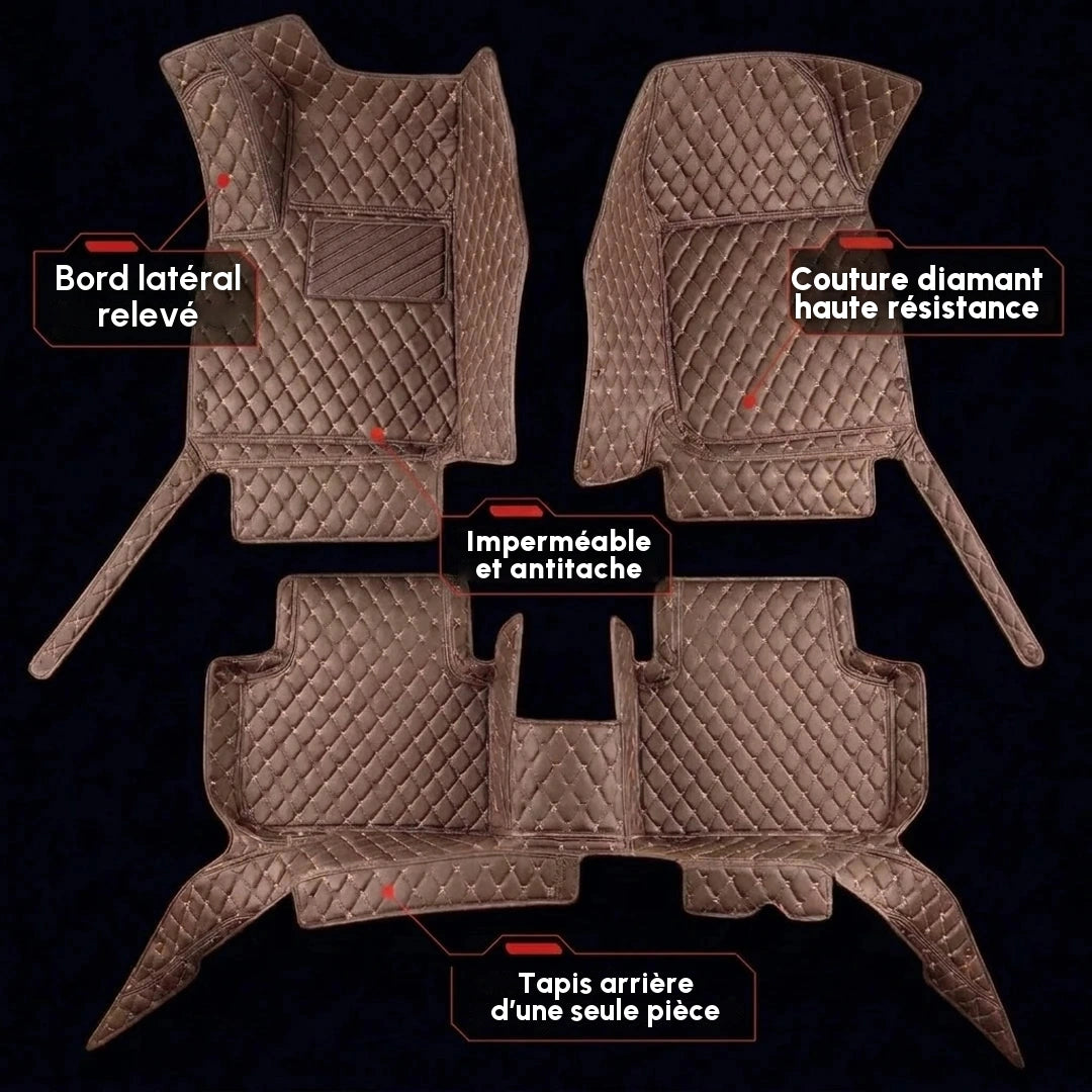 Ensemble complet de tapis d'auto Matrikar série Diamond en brun chocolat, montrant les bords latéraux relevés, une couture diamant et le tapis arrière d'une seule pièce