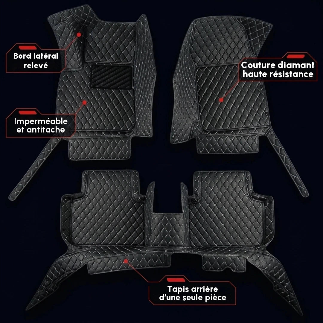 Ensemble complet de tapis d'auto Matrikar série Diamond en noir à surpiqûres blanches, montrant les bords latéraux relevés, une couture diamant et le tapis arrière d'une seule pièce