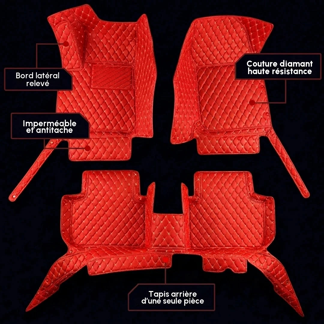 Ensemble complet de tapis d'auto Matrikar série Diamond en rouge Ferrari, montrant les bords latéraux relevés, une couture diamant et le tapis arrière d'une seule pièce