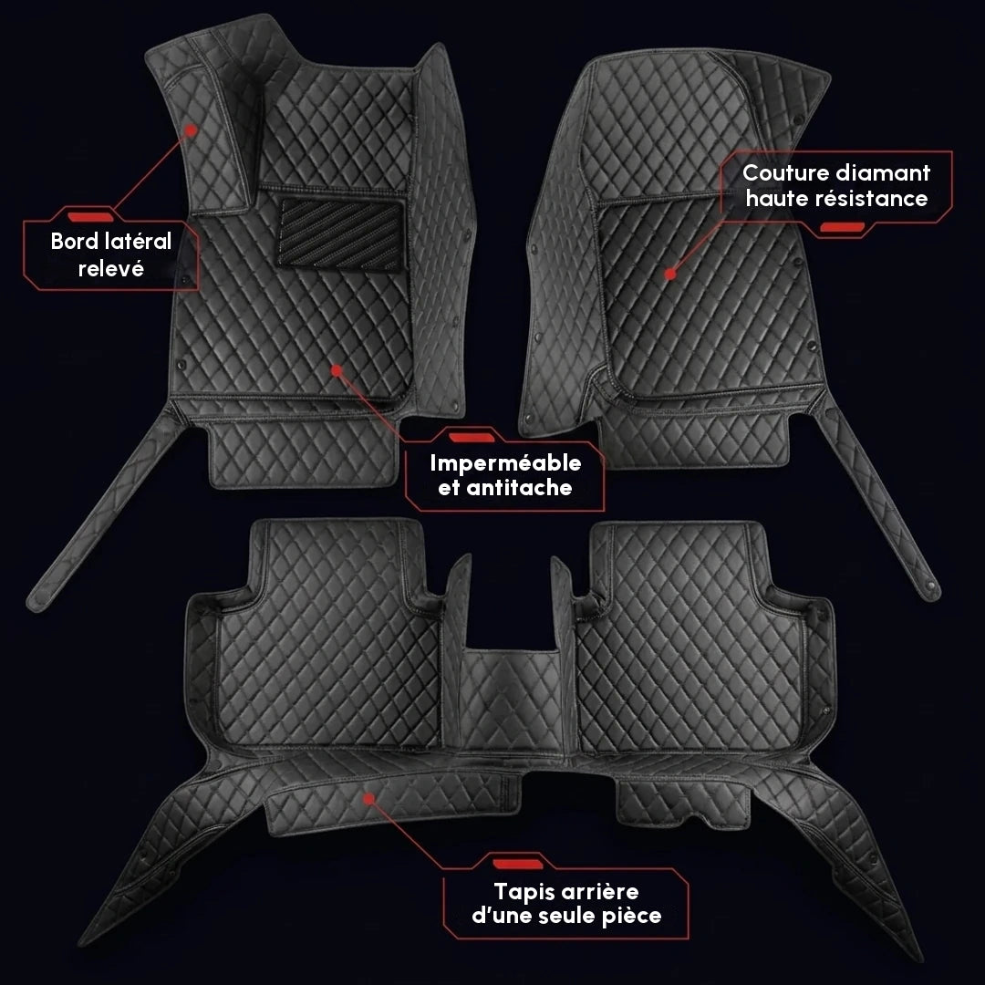 Ensemble complet de tapis d'auto Matrikar série Diamond en tout noir, montrant les bords latéraux relevés, une couture diamant et le tapis arrière d'une seule pièce
