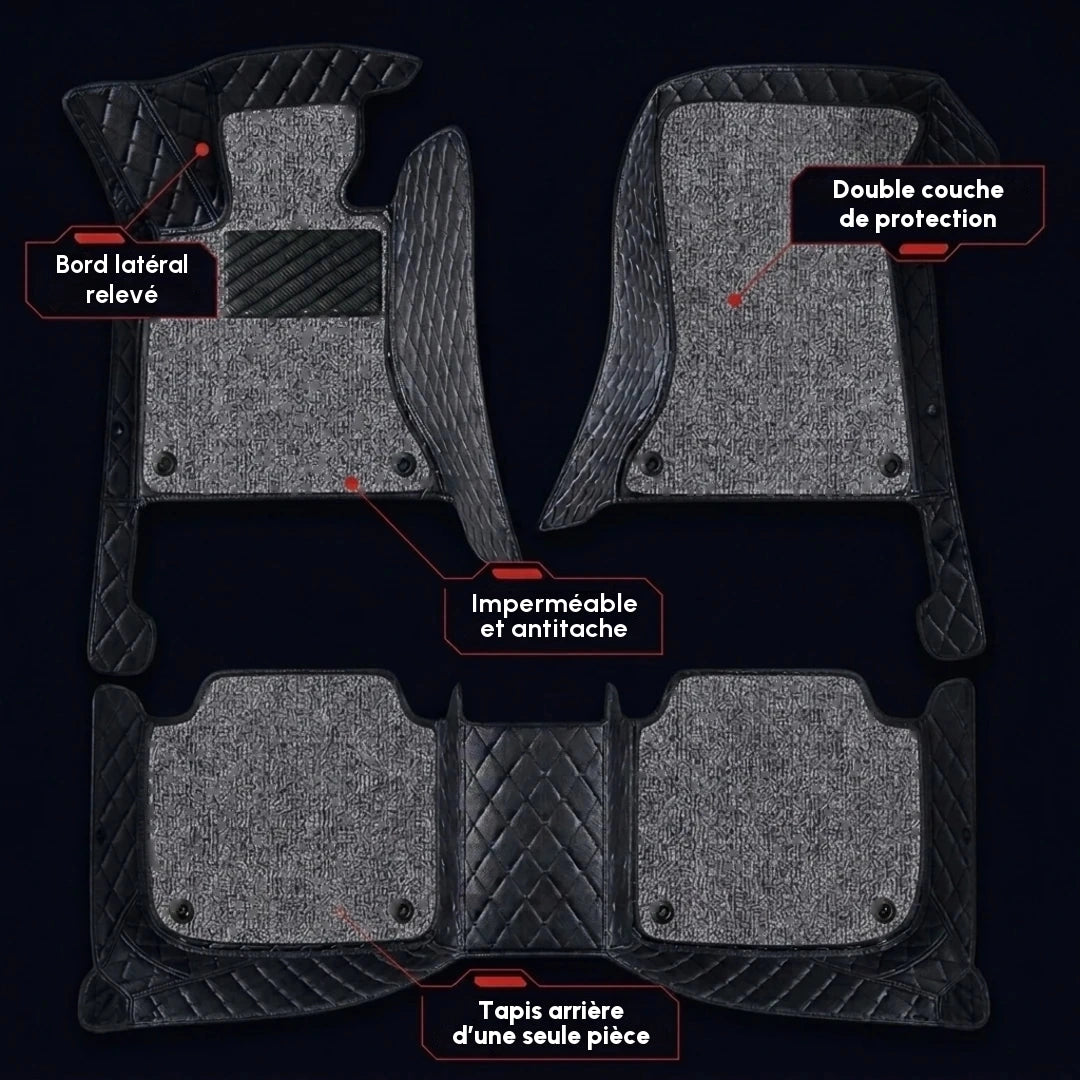 Ensemble complet de tapis d'auto Matrikar série Dual-Layer en tout noir avec moquette grise, montrant la moquette amovible, les bords latéraux relevés et le tapis arrière d'une seule pièce