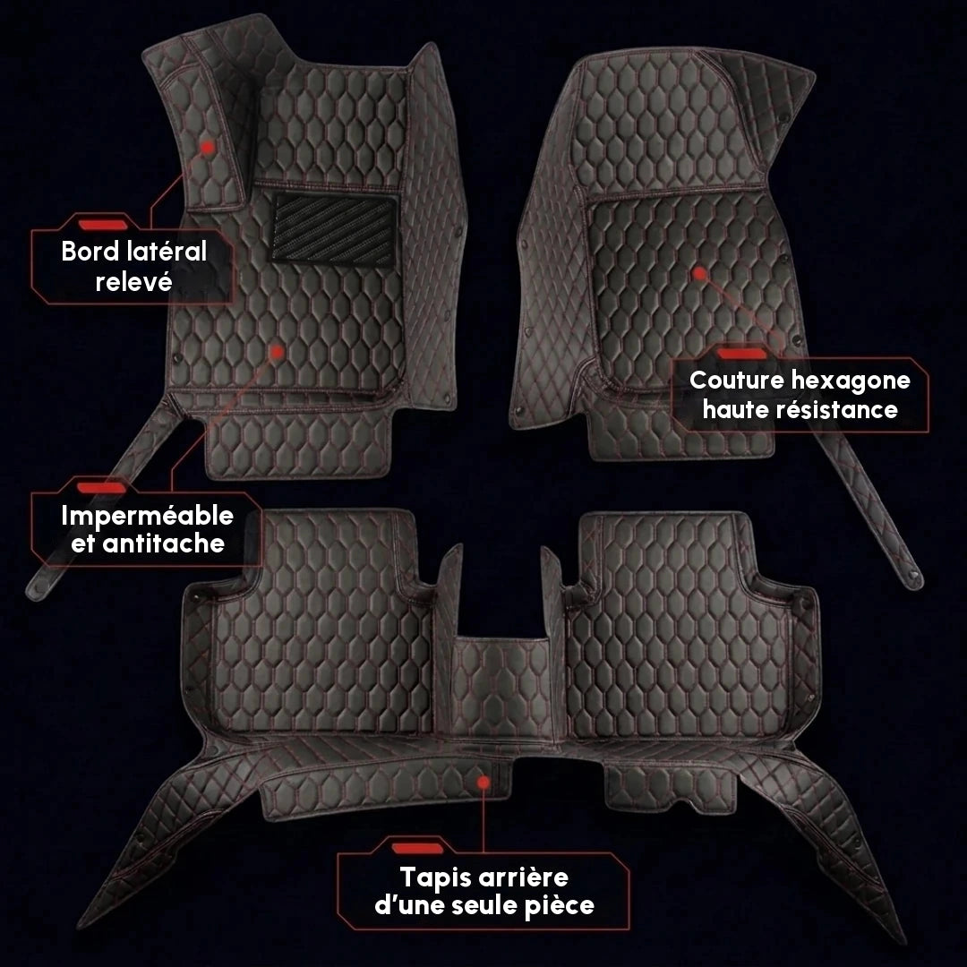 Ensemble complet de tapis d'auto Matrikar série Hexa en noir à surpiqûres rouges, montrant les bords latéraux relevés, une couture hexagone et le tapis arrière d'une seule pièce