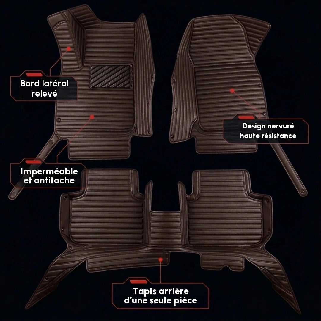 Ensemble complet de tapis d'auto Matrikar série Ribbed en brun chocolat, montrant les bords latéraux relevés, un design nervuré et le tapis arrière d'une seule pièce