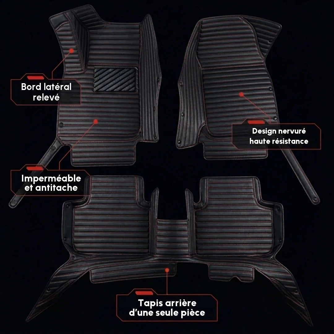 Ensemble complet de tapis d'auto Matrikar série Ribbed en noir et rouge, montrant les bords latéraux relevés, un design nervuré et le tapis arrière d'une seule pièce