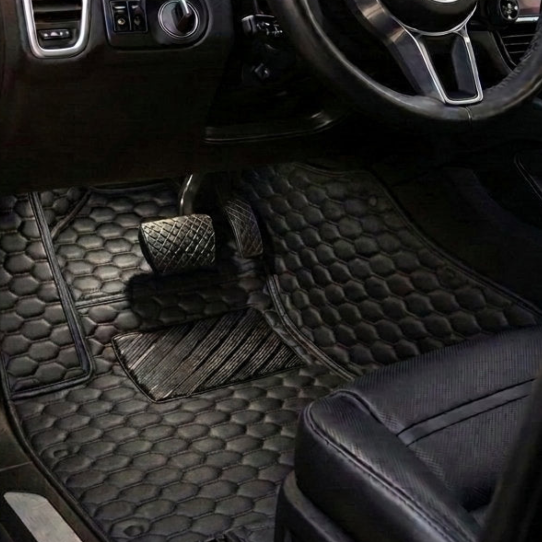 Matrikar Hexa Series custom fit car mat in All Black, installed in a driver footwell
