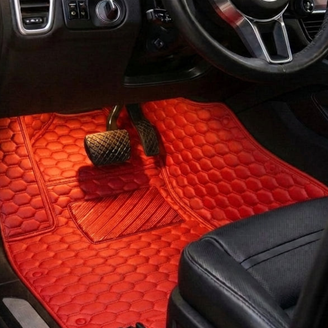 Matrikar Hexa Series custom fit car mat in Ferrari Red, installed in a driver footwell