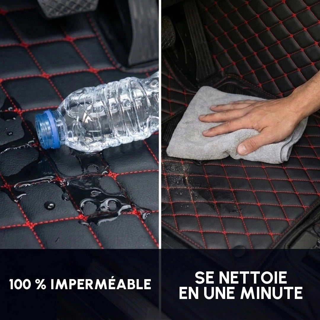 Tapis d'auto Matrikar série Diamond en noir à surpiqûres rouges repoussant l'eau renversée et se nettoyant d'un coup de chiffon