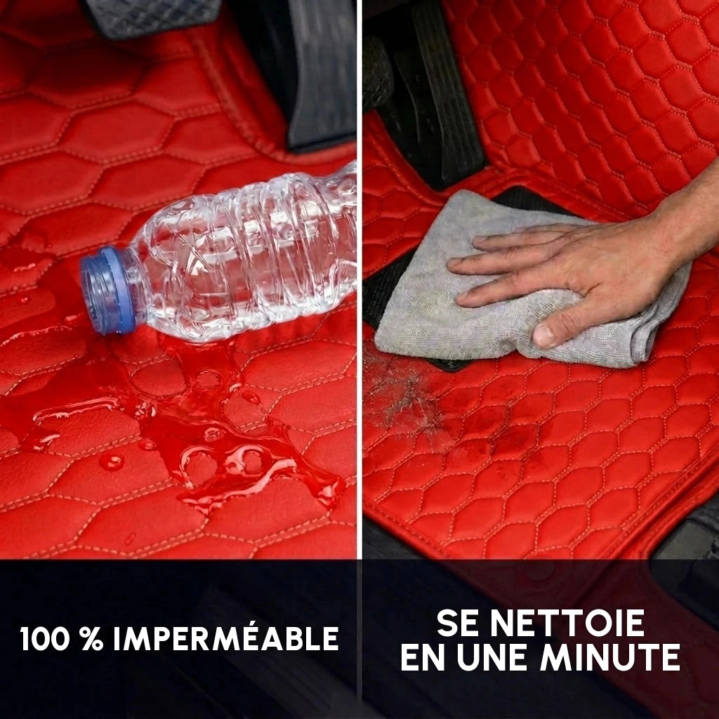 Tapis d'auto Matrikar série Hexa en rouge Ferrari repoussant l'eau renversée et se nettoyant d'un coup de chiffon
