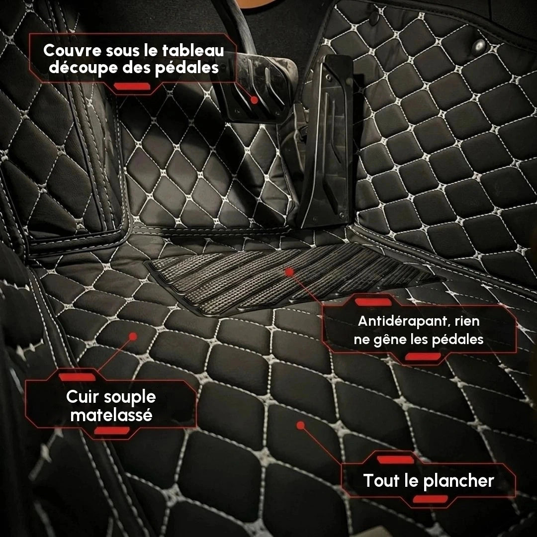 Gros plan d'un tapis d'auto Matrikar série Diamond en noir à surpiqûres blanches, montrant la couverture sous le tableau de bord, la découpe des pédales et la surface antidérapante