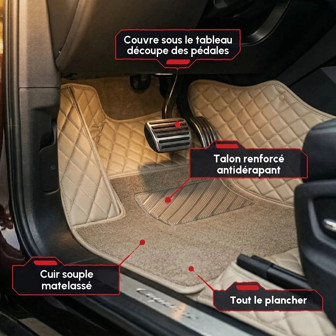 Gros plan d'un tapis d'auto Matrikar série Dual-Layer en beige crème avec moquette beige, montrant la couverture sous le tableau de bord, la découpe des pédales et la surface antidérapante