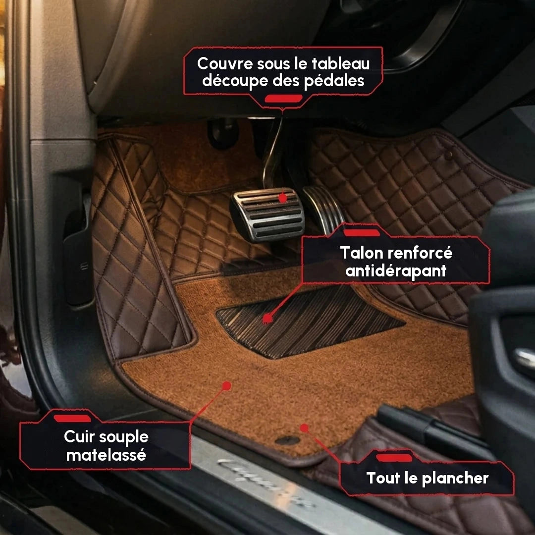 Gros plan d'un tapis d'auto Matrikar série Dual-Layer en brun chocolat avec moquette brun caramel, montrant la couverture sous le tableau de bord, la découpe des pédales et la surface antidérapante
