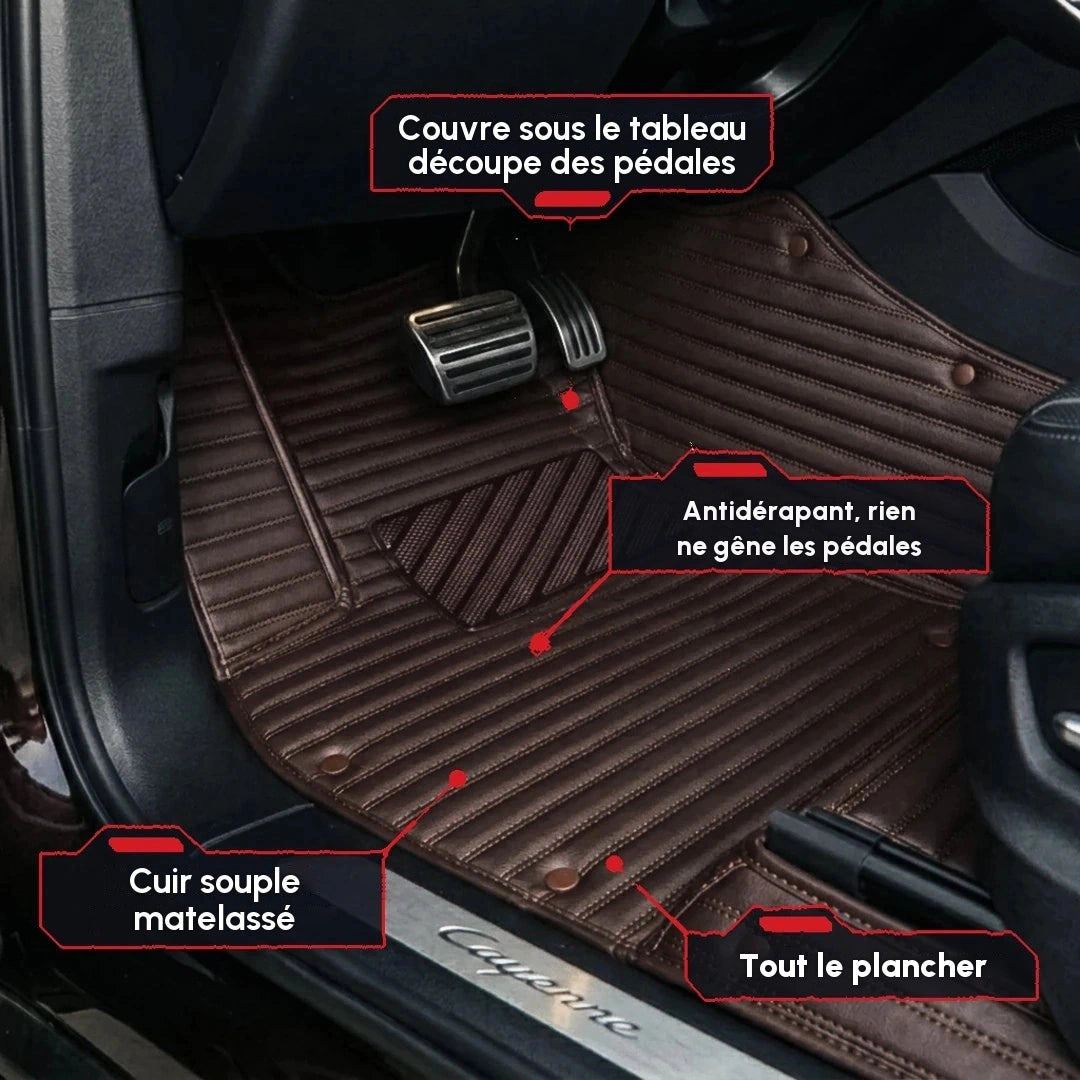 Gros plan d'un tapis d'auto Matrikar série Ribbed en brun chocolat, montrant la couverture sous le tableau de bord, la découpe des pédales et la surface antidérapante