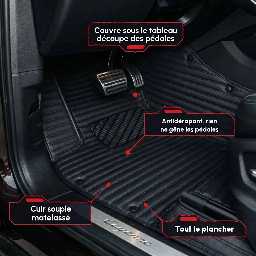 Gros plan d'un tapis d'auto Matrikar série Ribbed en tout noir, montrant la couverture sous le tableau de bord, la découpe des pédales et la surface antidérapante
