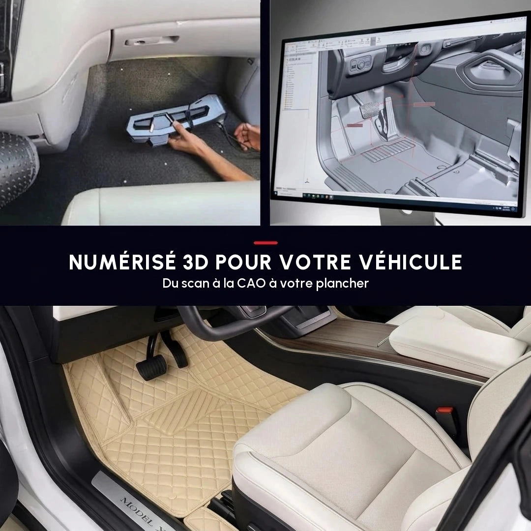 Tapis d'auto sur mesure Matrikar série Diamond en beige crème, avec la numérisation 3D et le modèle CAO qui servent à l'ajuster au véhicule exact