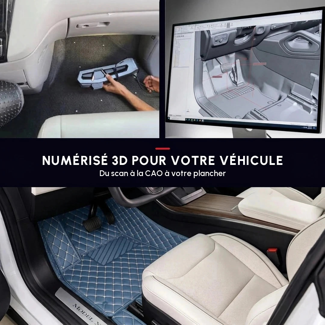 Tapis d'auto sur mesure Matrikar série Diamond en bleu vintage, avec la numérisation 3D et le modèle CAO qui servent à l'ajuster au véhicule exact