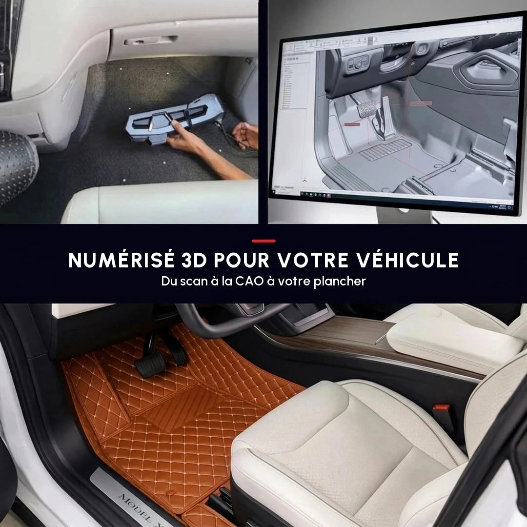 Tapis d'auto sur mesure Matrikar série Diamond en brun caramel, avec la numérisation 3D et le modèle CAO qui servent à l'ajuster au véhicule exact