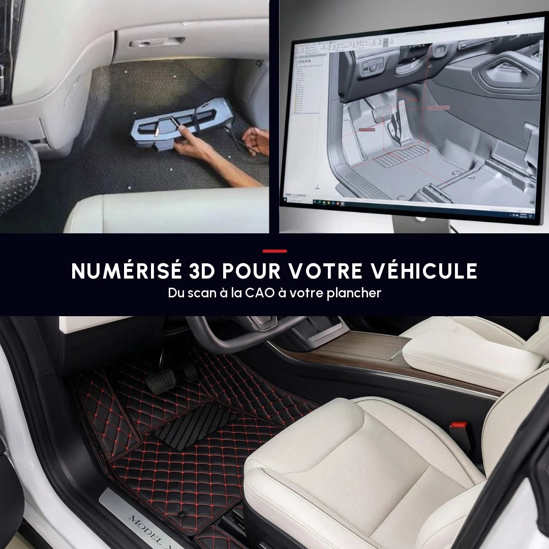 Tapis d'auto sur mesure Matrikar série Diamond en noir à surpiqûres rouges, avec la numérisation 3D et le modèle CAO qui servent à l'ajuster au véhicule exact