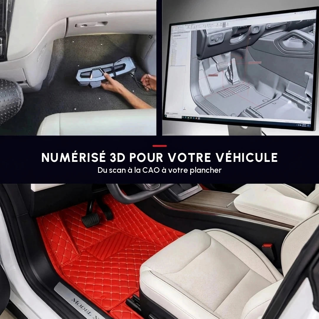 Tapis d'auto sur mesure Matrikar série Diamond en rouge Ferrari, avec la numérisation 3D et le modèle CAO qui servent à l'ajuster au véhicule exact